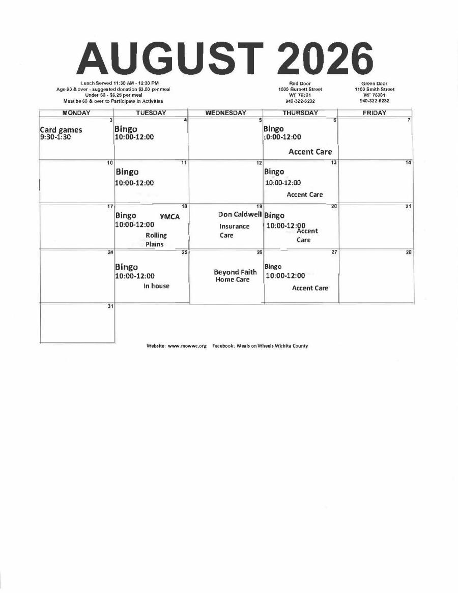 Green Door August Activity calendar