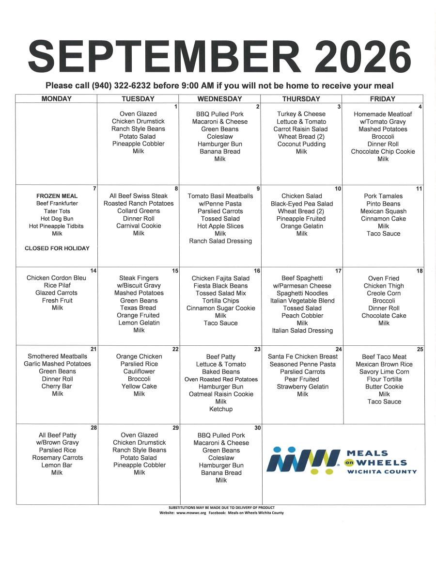 MOW September 2026 Menu