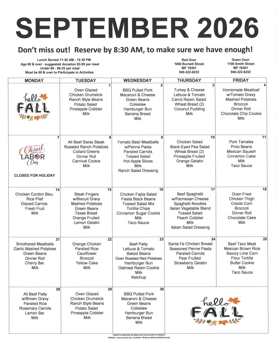 Red Door Menu for Sept. 2026