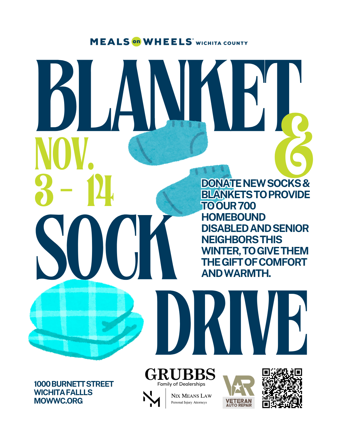Poster for 9th Annual Blanket and Sock Drive held by Meals on Wheels Wichita County from Nov. 3 - 14.