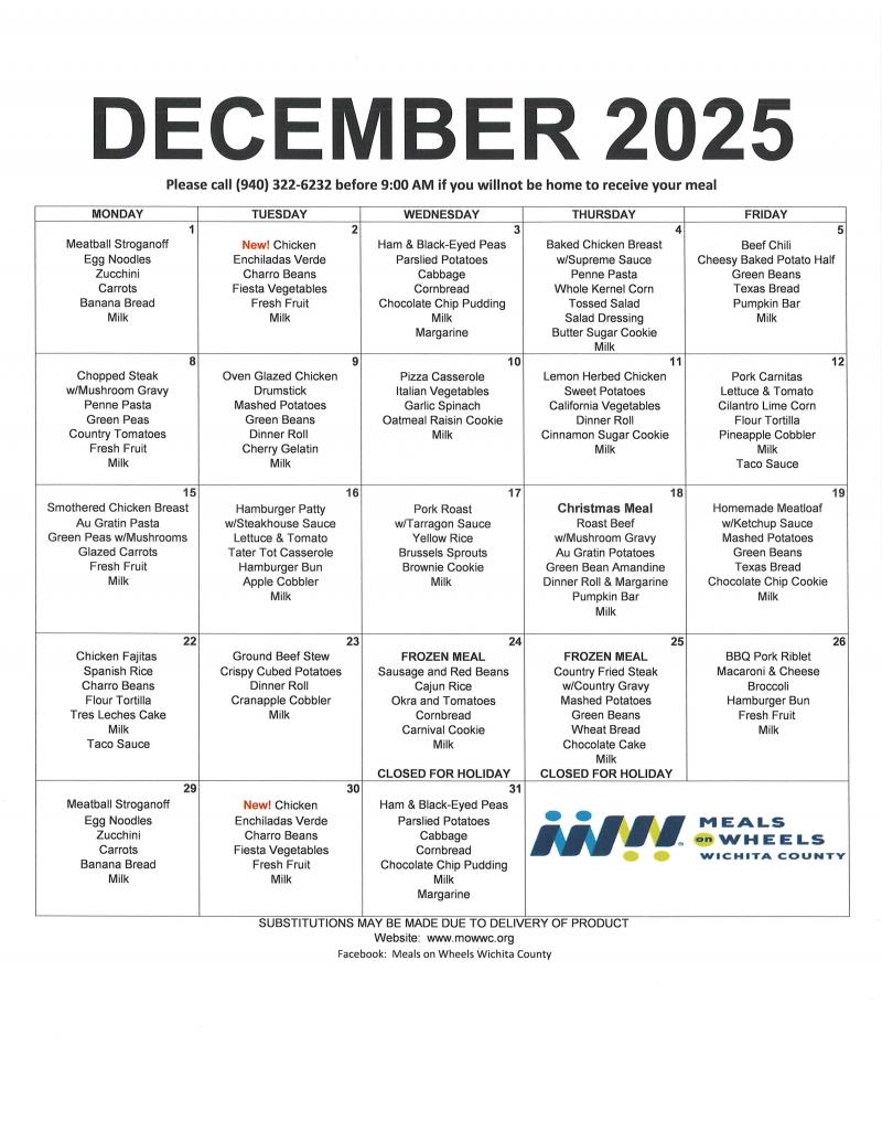 MOW December Menu