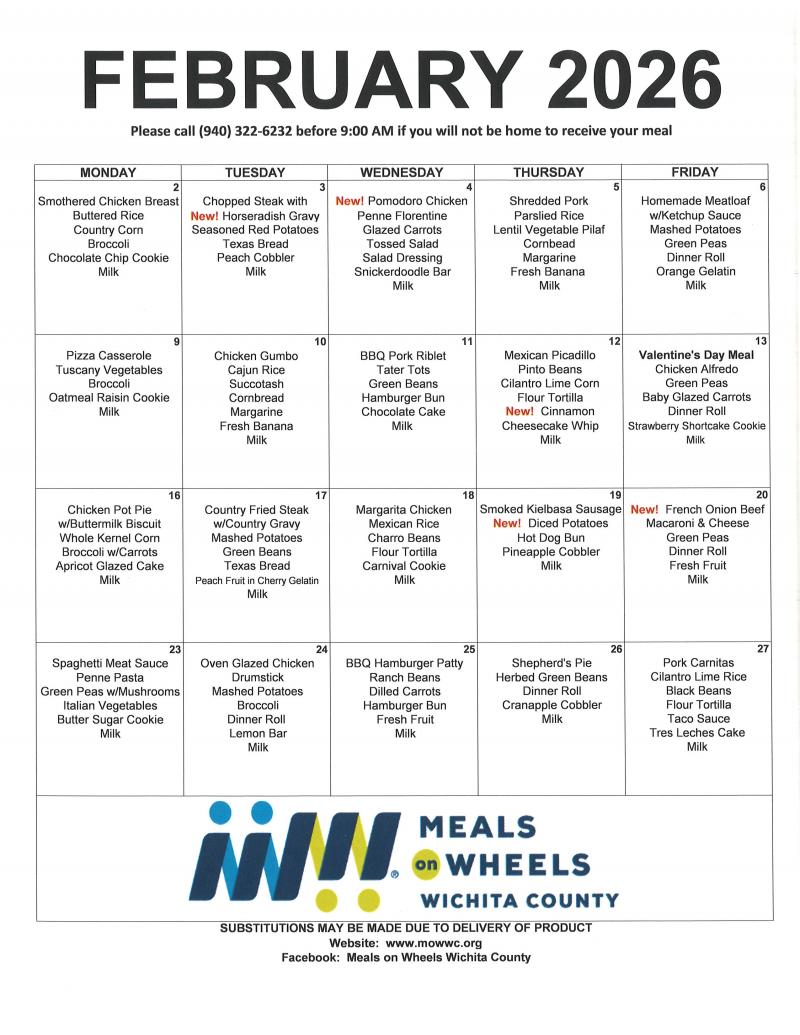 February Meals on Wheels Menu