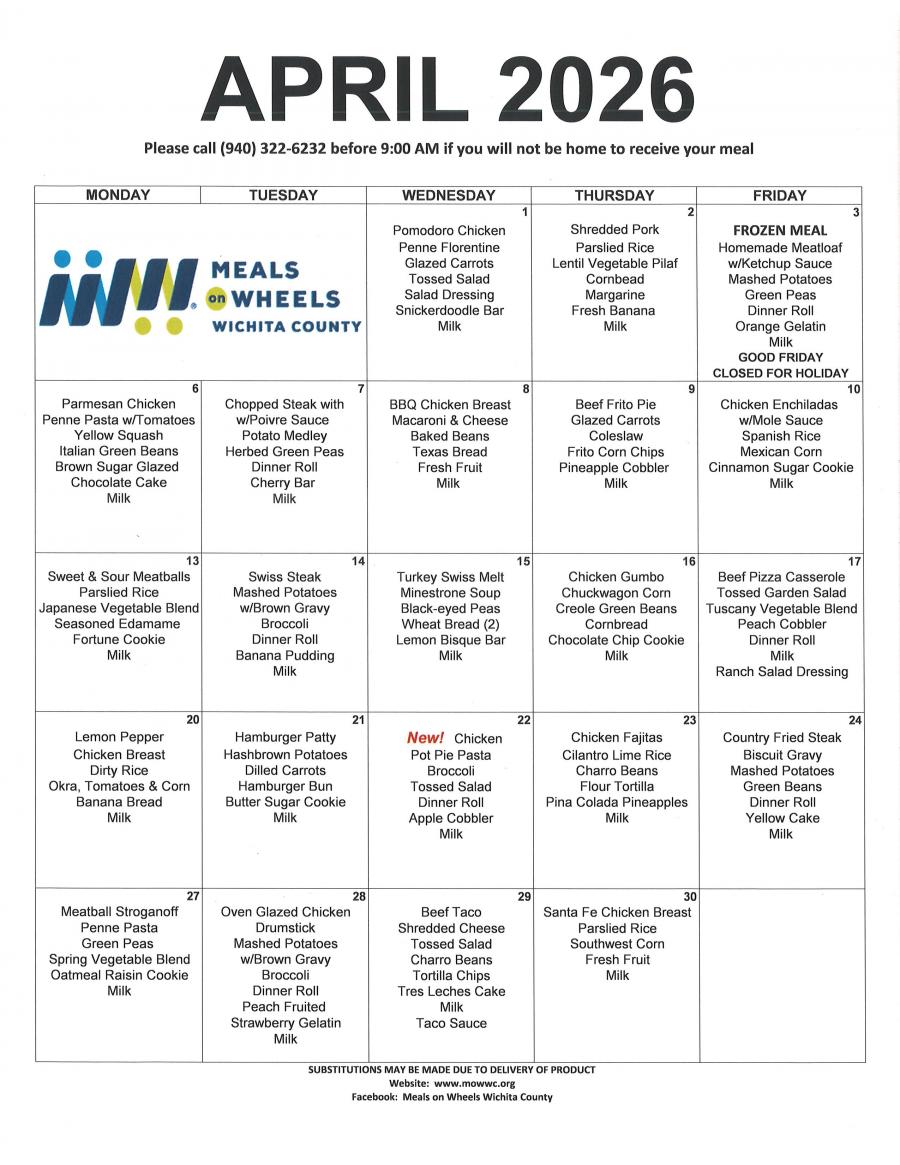 April 2026 MOW Menu