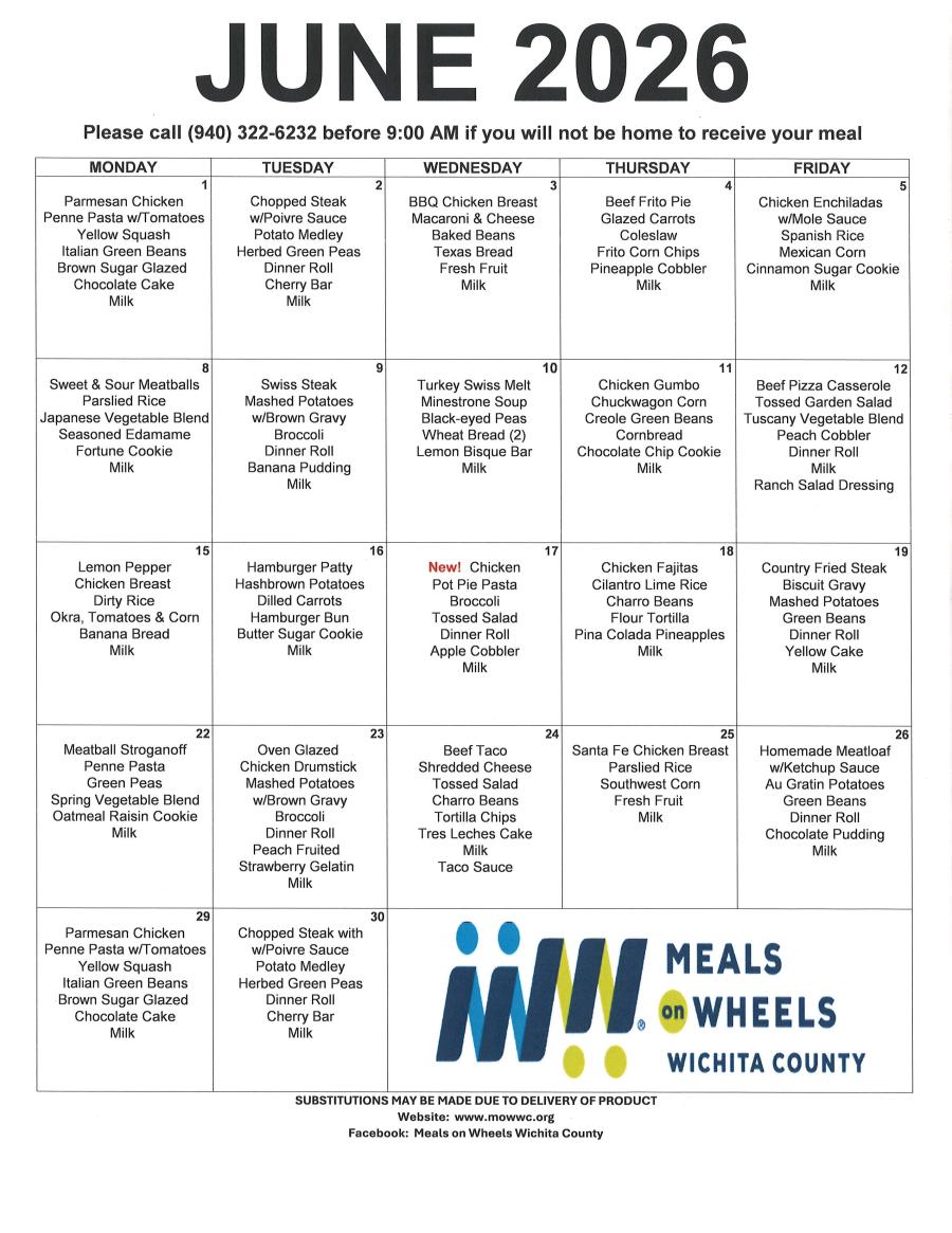 MOW June Menu