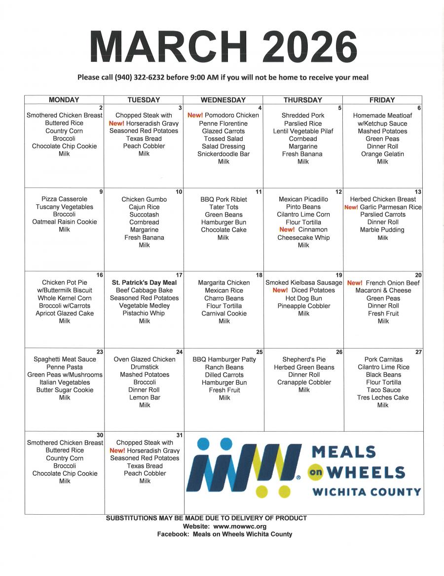 March 2026 MOW Calendar