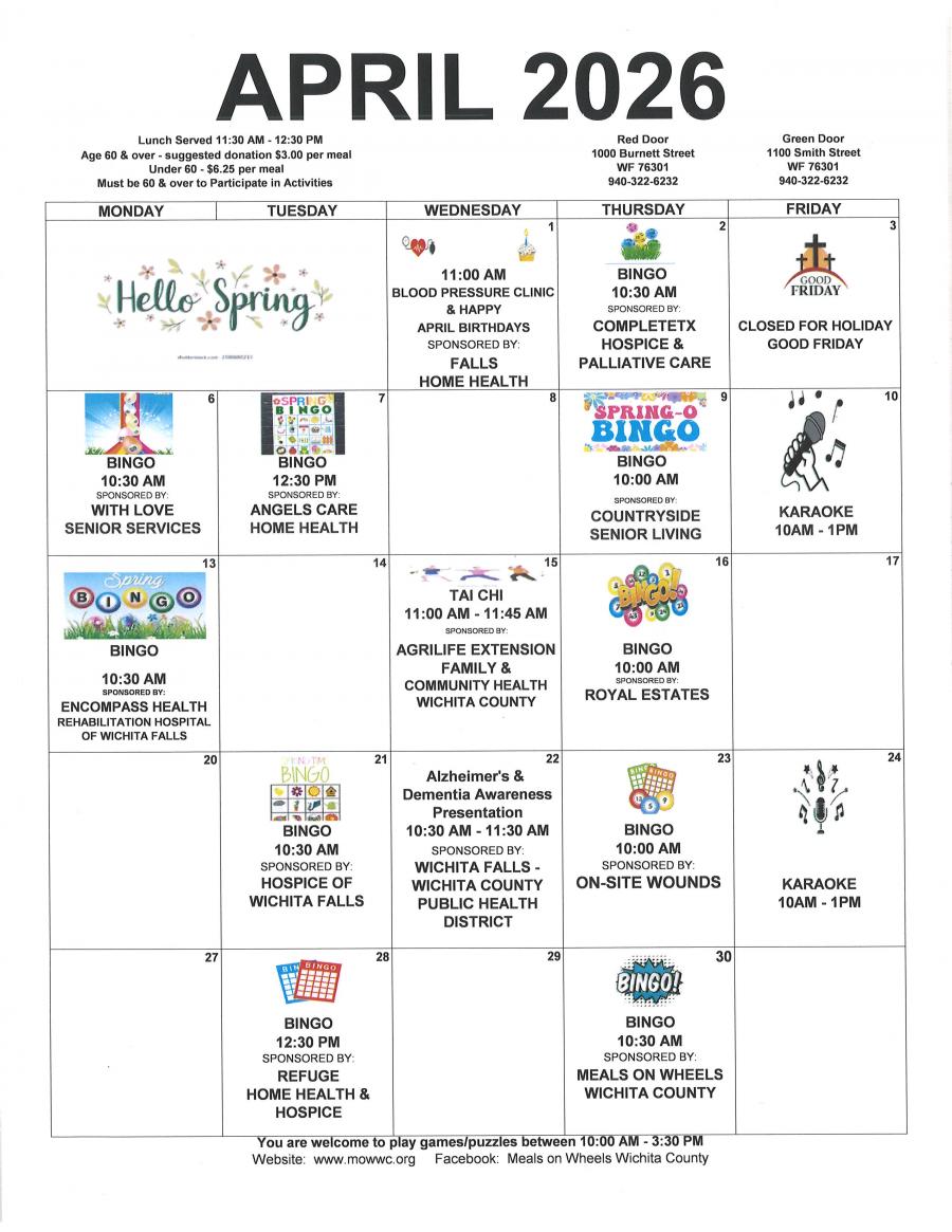 Red Door April 2026 Activity Calendar