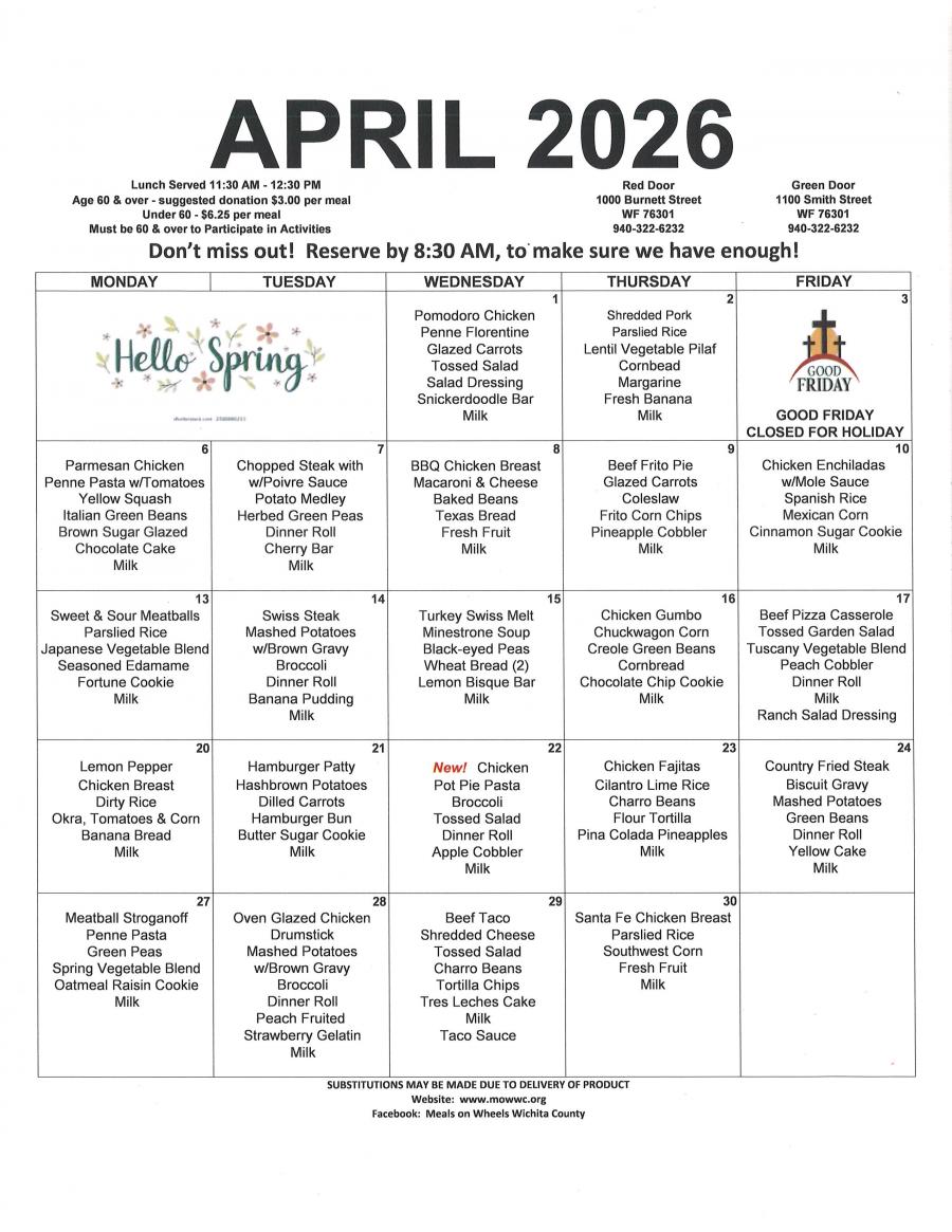 Red Door Menu April 26