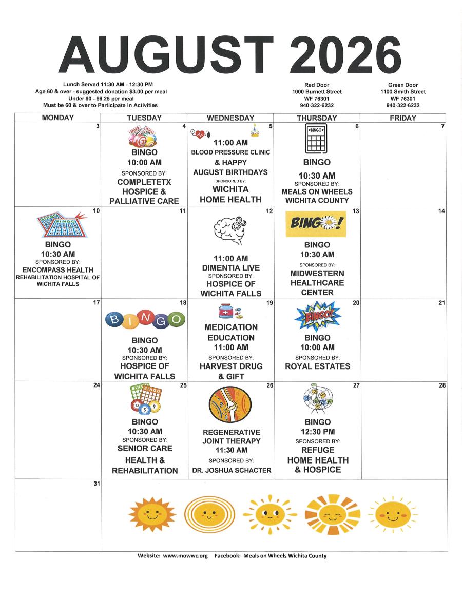 August Activities Calendar at the Red Door 2026