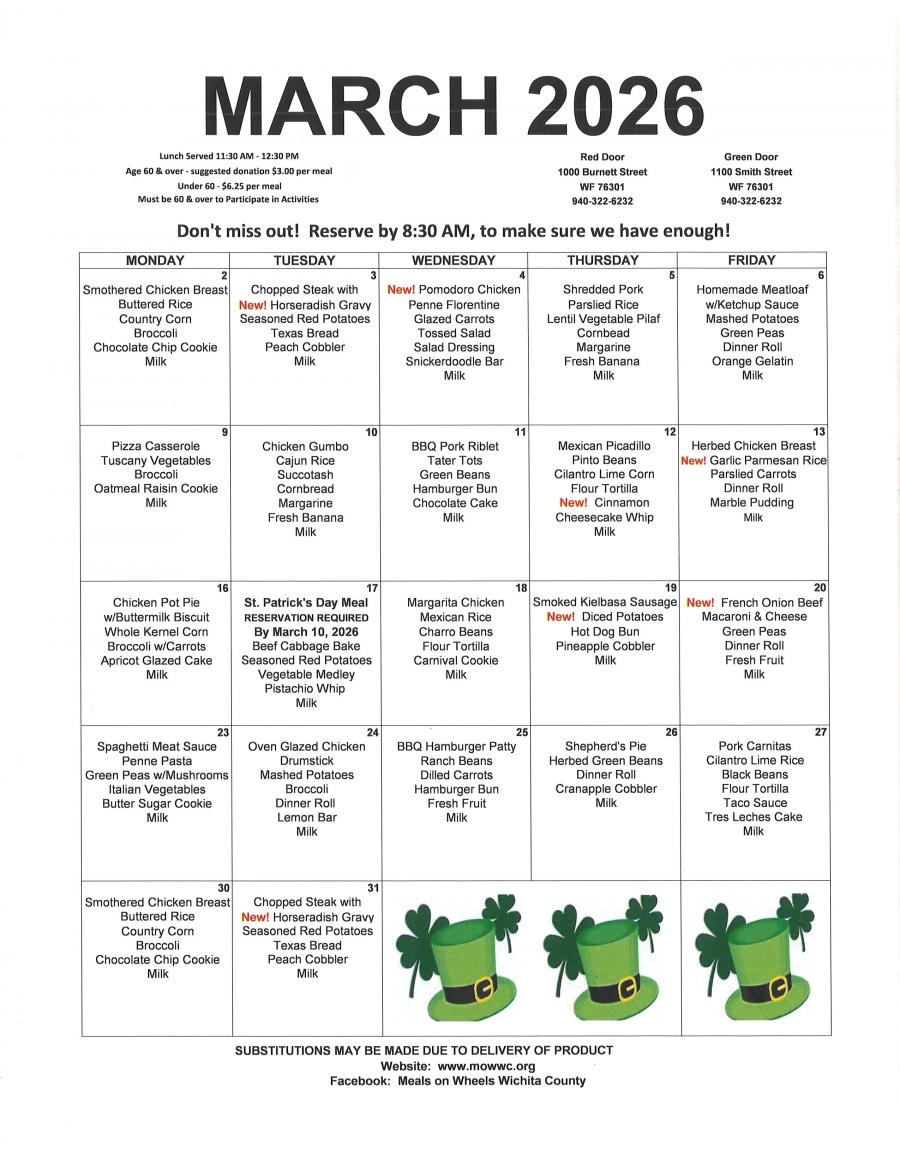 Red Door Menu March 26