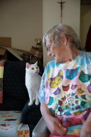 woman with white cat